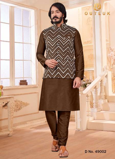 Brown Colour Art Silk Wedding Wear Kurta Pajama With Jacket Mens Collection 49002